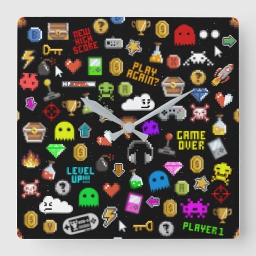 Gamer Retro Pixel Video Gaming Icons Square Wall Clock