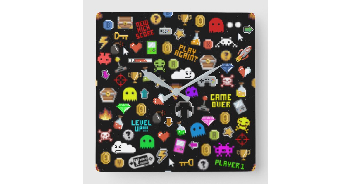 Gamer Retro Pixel Video Gaming Icons Square Wall Clock | Zazzle