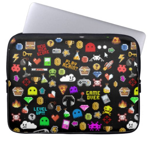 Gamer Retro Pixel Video Gaming Icons Wrapping Pape Laptop Sleeve