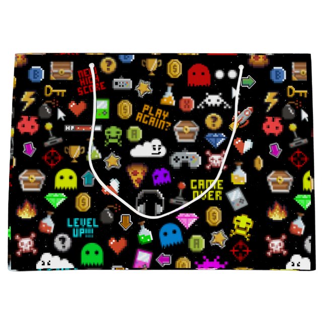 Gamer Retro Pixel Video Gaming Icons Wrapping Pape Large Gift Bag (Front)