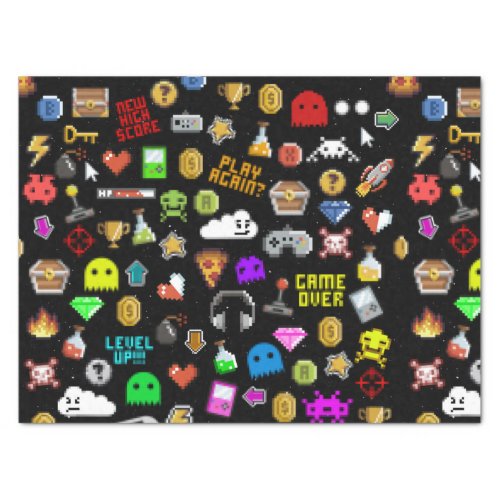 Gamer Retro Pixel Video Gaming Icons Wrapping Pape Tissue Paper