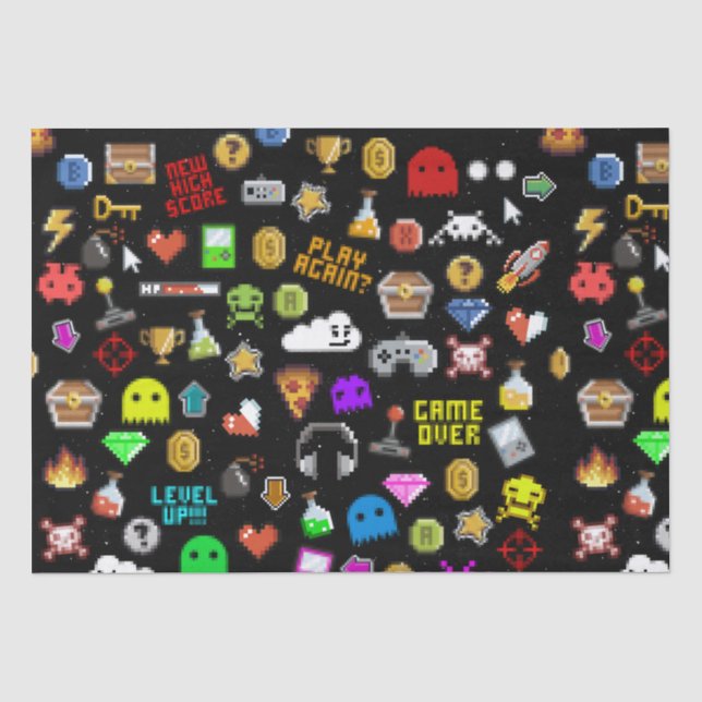 Gamer Retro Pixel Video Gaming Icons Wrapping Pape Tissue Paper (Front)