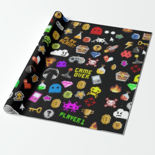 Gamer Retro Pixel Video Gaming Icons Wrapping Paper