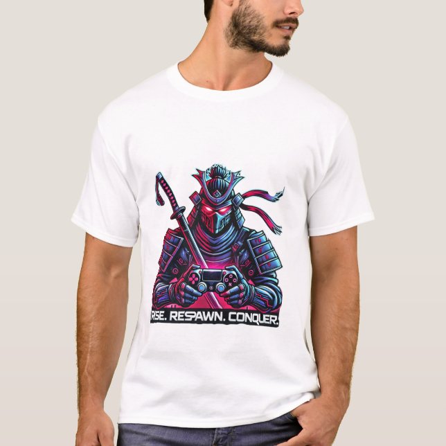Gamer Samurai – Rise, Respawn, Conquer Cyberpunk  T-Shirt (Front)