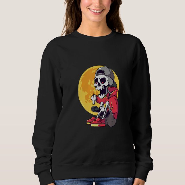 Gamer Skeleton Blood Moon Happy Halloween Day Sweatshirt (Front)