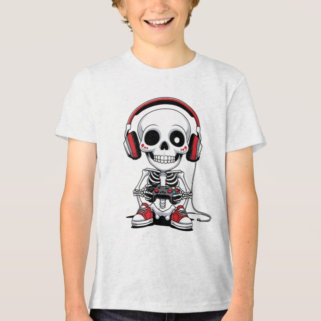 Gamer Skeleton – Funny Halloween Gaming  Tri-Blend Shirt (Front)