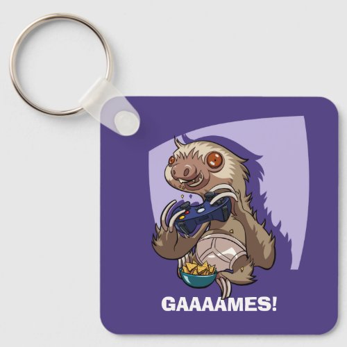 Gamer Sloth Eating Nachos Gaaaames Cartoon Keychain