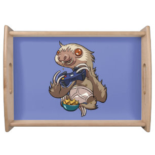 Gamer Sloth Eating Nachos in Underpants Cartoon Serving Tray