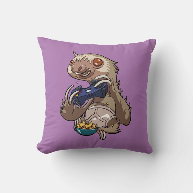 Gamer Sloth Eating Nachos in Underpants Cartoon Throw Pillow (Front)