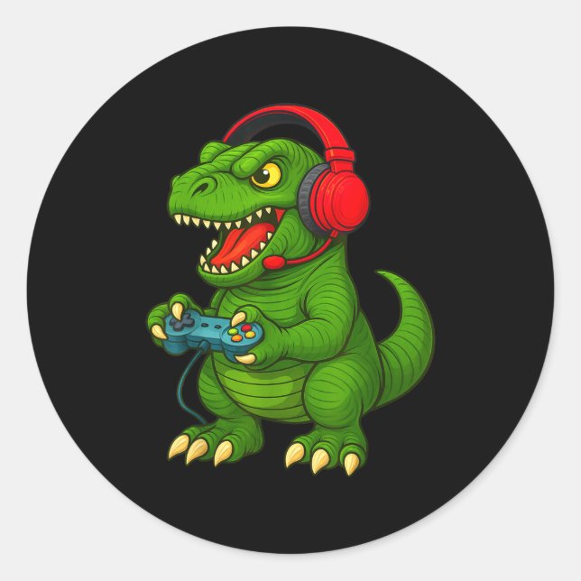 Gamer T Rex Dinosaur Video Games Boys Teen Funny G Classic Round Sticker (Front)