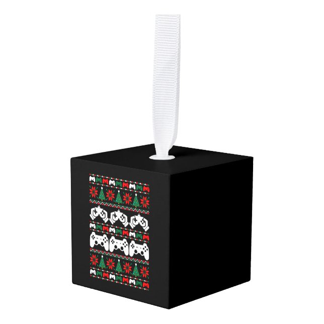 Gamer Ugly Christmas Sweater Cube Ornament (Front Angled)