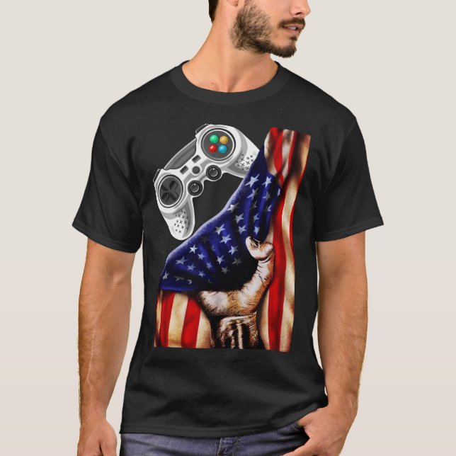 Gamer  USA Flag Video Game Player Boys Teens Men T-Shirt (Front)