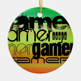 Gamer; Vibrant Green, Orange, & Yellow Ceramic Ornament