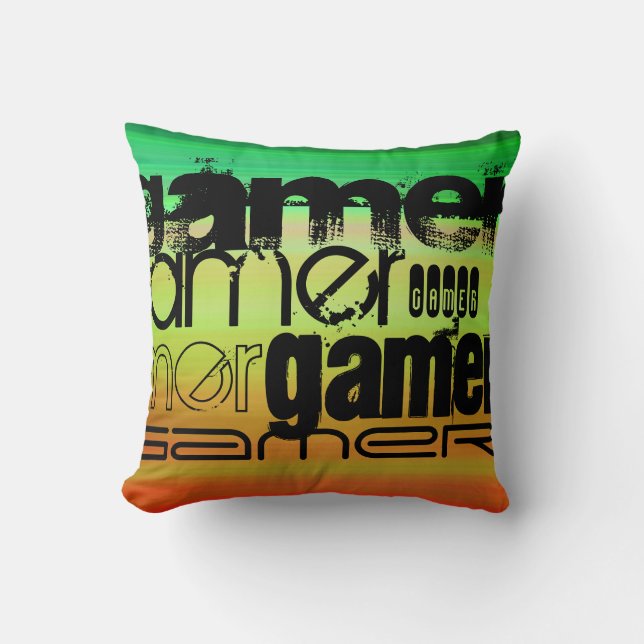 Gamer; Vibrant Green, Orange, & Yellow Throw Pillow (Front)
