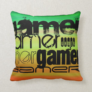 Gamer; Vibrant Green, Orange, & Yellow Throw Pillow