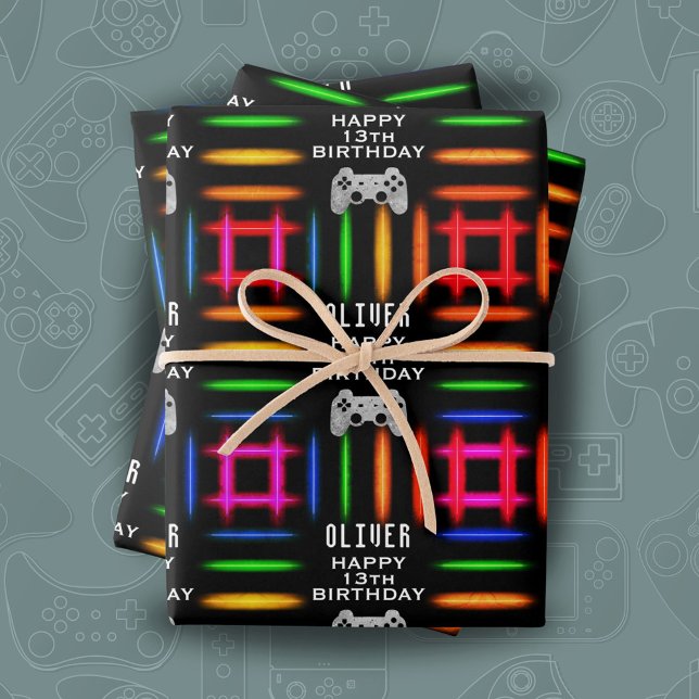 Gamer Video Game Controller Neon Birthday Party Wrapping Paper Sheets (Creator Uploaded)
