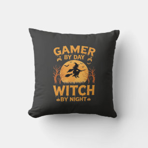 Gamer Witch Halloween Gaming Design Throw Pillow
