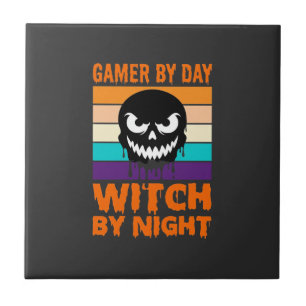 Gamer Witch Halloween Retro Skull Ceramic Tile