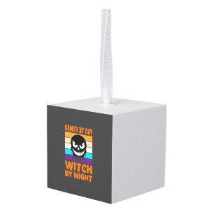 Gamer Witch Halloween Retro Skull Cube Ornament
