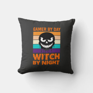 Gamer Witch Halloween Retro Skull Throw Pillow