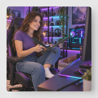 Gamer Woman Purple Gaming Room Square Wall Clock