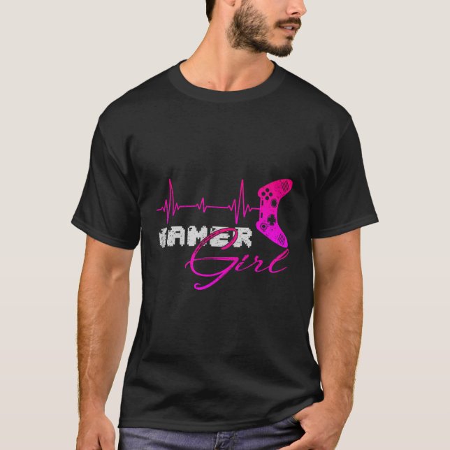 Gamer Women Girls Heartbeat Video Games Controller T-Shirt (Front)