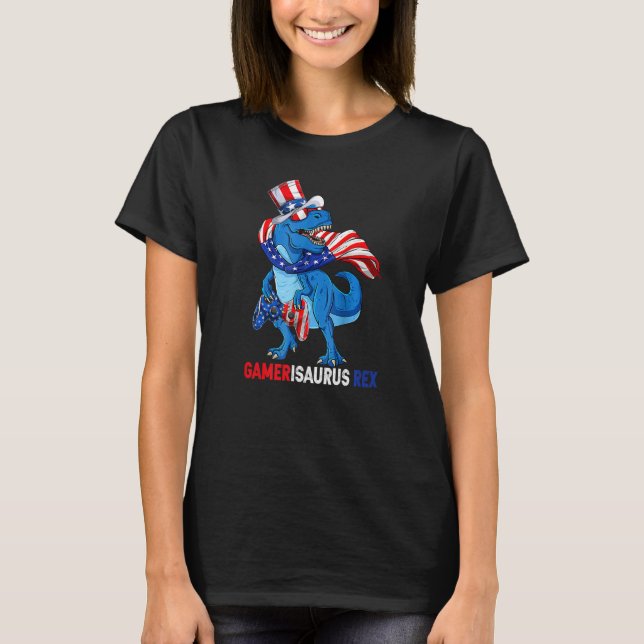 Gamerisaurus Rex Dinosaur Gamer American Flag July T-Shirt (Front)
