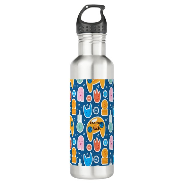 Gamers Blue Video Game Playstation Pattern Stainless Steel Water Bottle (Front)