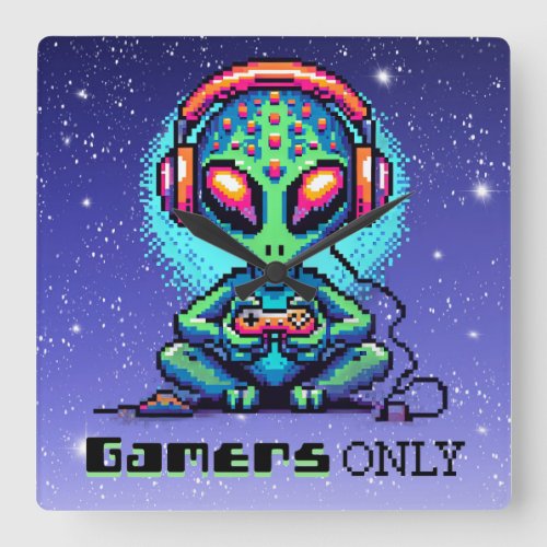 Gamers Only  Pixel Art Alien  Square Wall Clock
