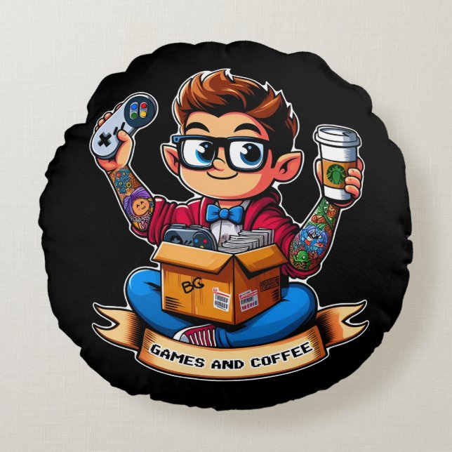 Games and coffee geek round pillow (Front)