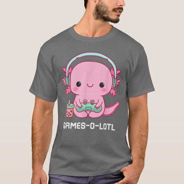 Gamesalotl Aolotl Cute Kawaii Fish Playing Video G T-Shirt (Front)
