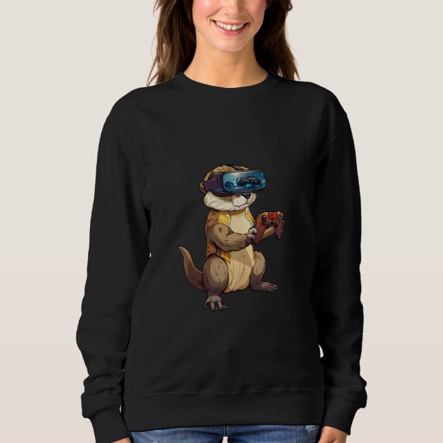 Gaming Animals- Otter Playing Console Video Games Sweatshirt (Front)