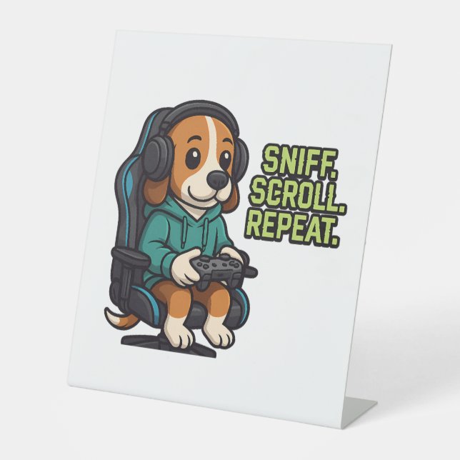 Gaming Beagle Cartoon Hoodie Gamer Dog Design Pedestal Sign (Front)