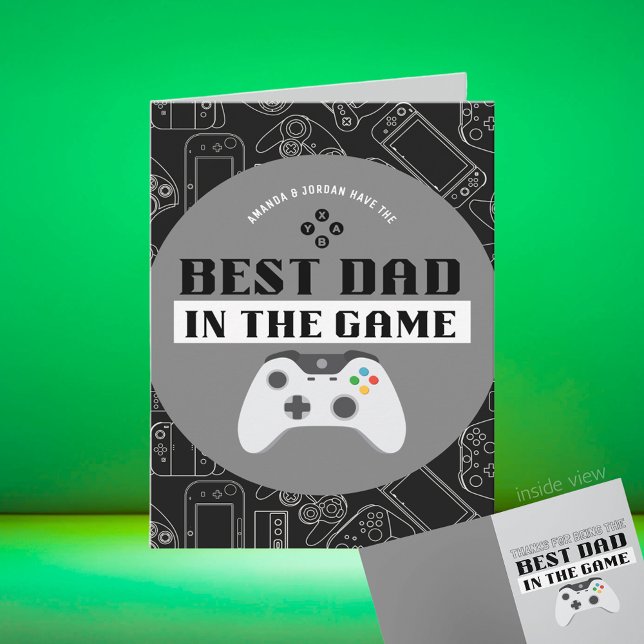 Gaming Best Dad in the Game Personalized Folding Card (Best Dad in the Game Black, White, Grey Video Game Folding Greeting Card for Birthday / Father's Day)