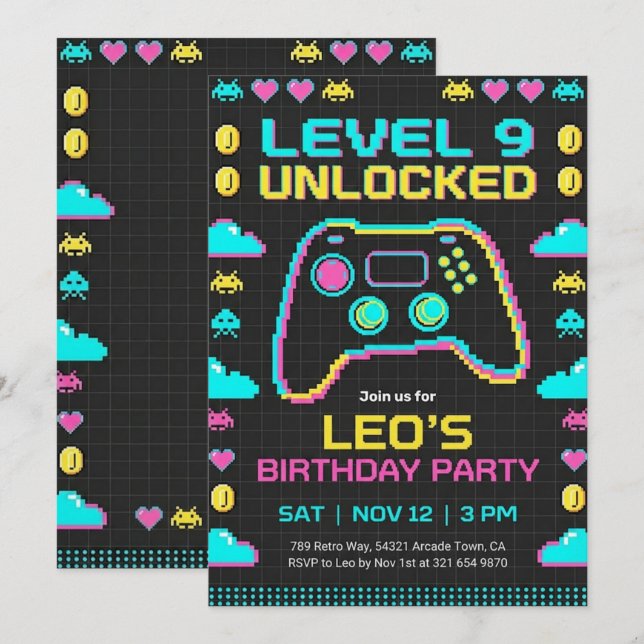 Gaming Birthday Invitation Retro Pixel Gamer (Front/Back)