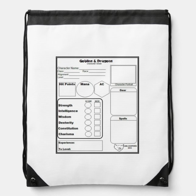 Gaming Character Sheet Sling Backpack (Front)