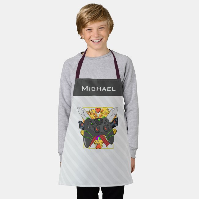 Gaming Console Joystick Sword Gamer Kids Name Gray Apron