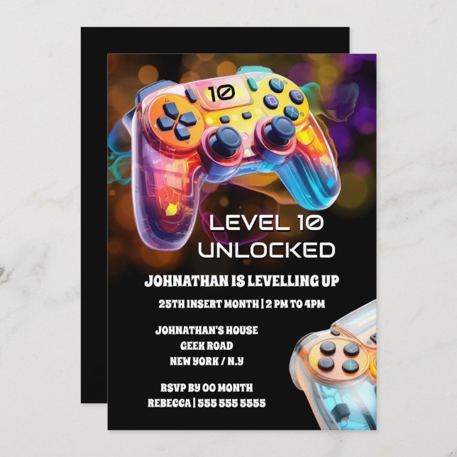 Gaming controller orange black neon gamer party invitation (Front/Back)