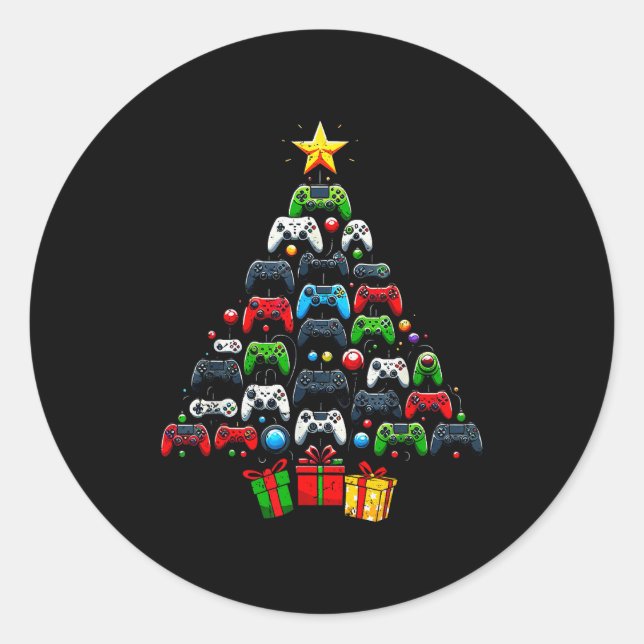 Gaming Controllers Christmas Tree Funny Gamer Boys Classic Round Sticker (Front)