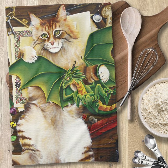  Gaming Fantasy Cat Green Dragon Dice Kitchen Towel (Creator Uploaded)