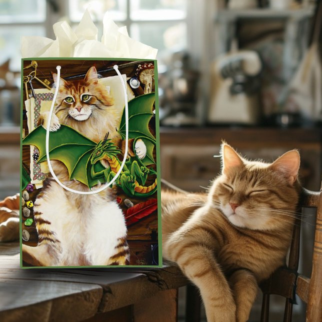  Gaming Fantasy Cat Green Dragon Dice Medium Gift Bag (Creator Uploaded)