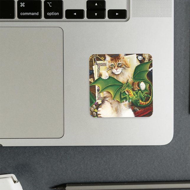  Gaming Fantasy Cat Green Dragon Dice Square Sticker (Creator Uploaded)