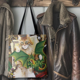  Gaming Fantasy Cat Green Dragon Dice Tote Bag