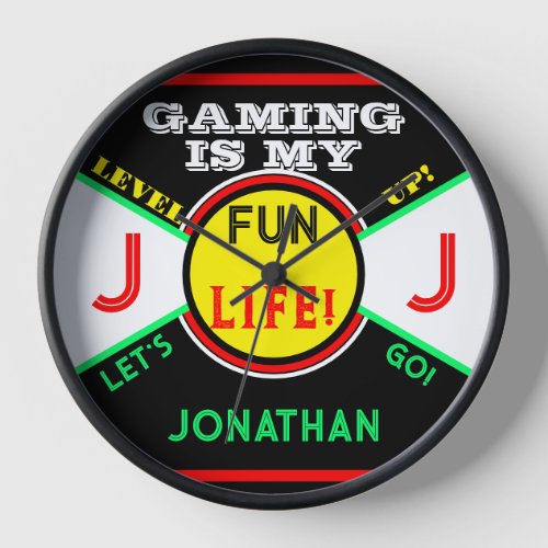 Gaming Fun Life Room Name Black Yellow Green Clock