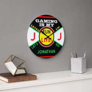 Gaming Fun Life Room Name Black Yellow Green Large Clock