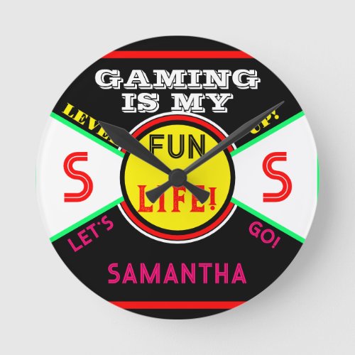 Gaming Fun Life Room Name Black Yellow Pink Round Clock
