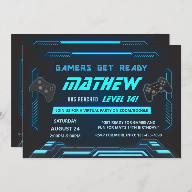 Gaming Gamer Blue Virtual Birthday Party Invitation (Front/Back)