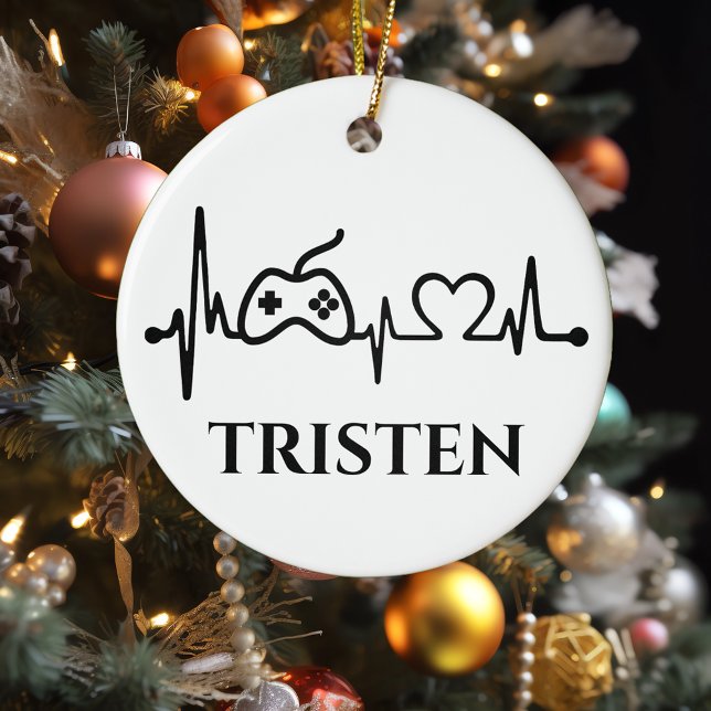 Gaming Gamer Heartbeat Monogram Name  Ceramic Ornament (Creator Uploaded)
