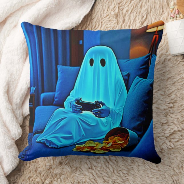 Gaming Ghost Cozy Night In Design Throw Pillow (Blanket)