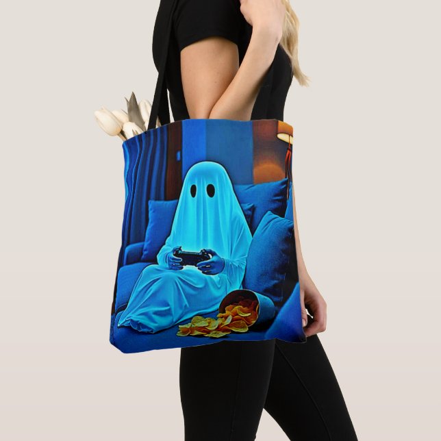 Gaming Ghost Cozy Night In Design Tote Bag (Close Up)